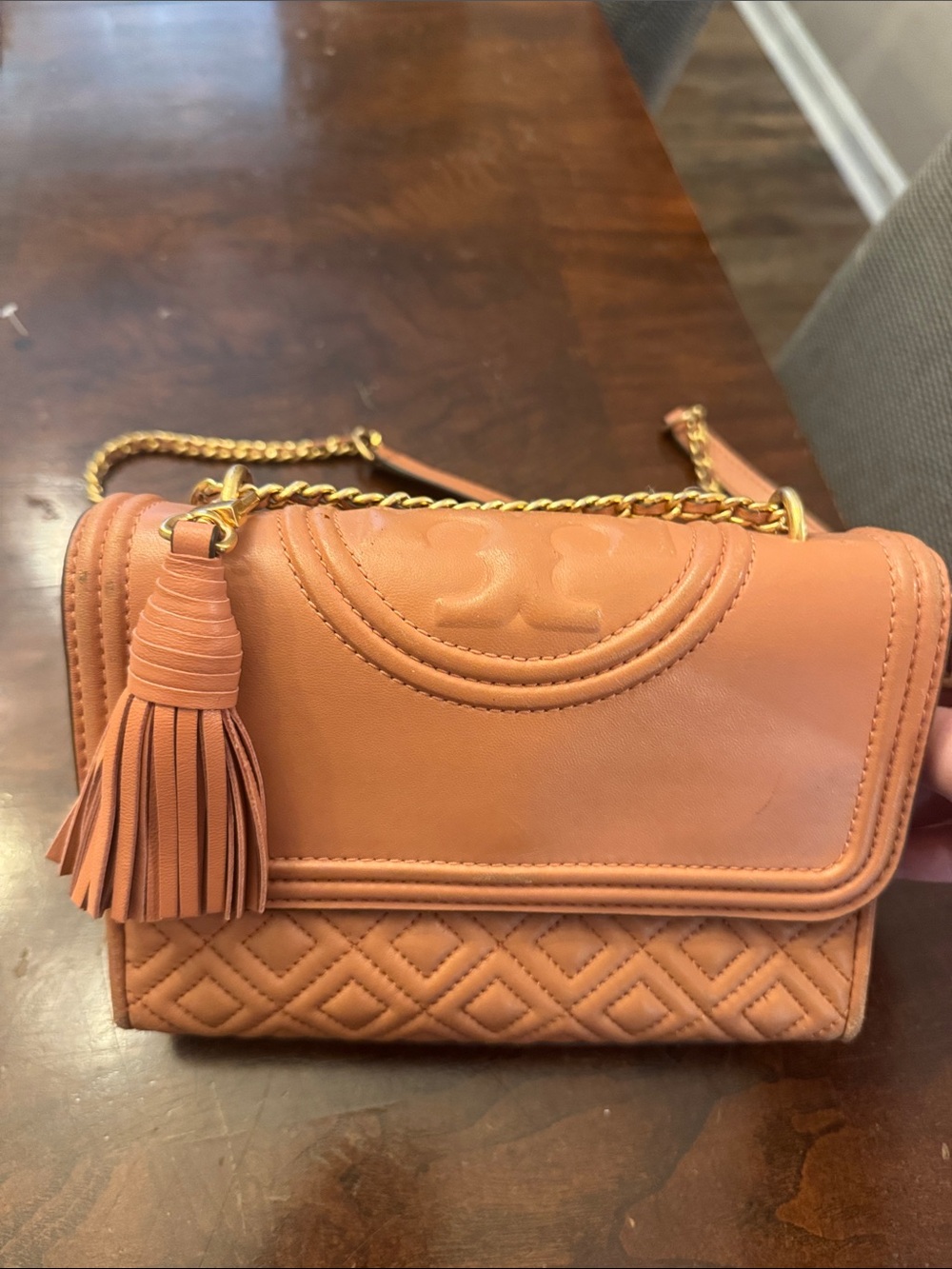 Tory Burch Quilted Leather Shoulder Bag with Tassel -light pink
